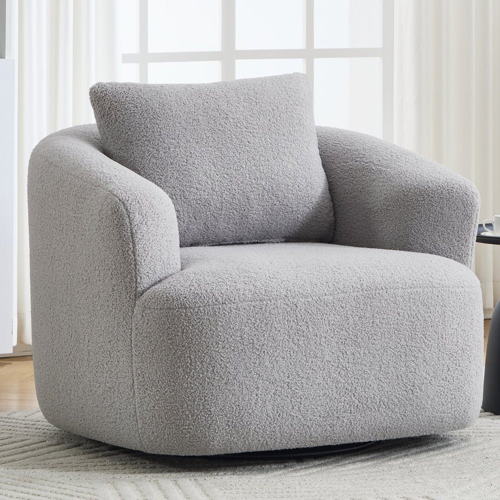 English Elm 360° Swivel Barrel Chair Teddy Fleece Upholstery with Pillow for Bedroom Reading Nook Light Gray W1803P363036
