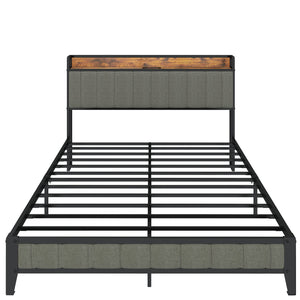 English Elm Queen Upholstered Bed Frame with USB & Outlets, Metal Platform, Vintage Shelf, 10.4" Storage Clearance W1960P162712