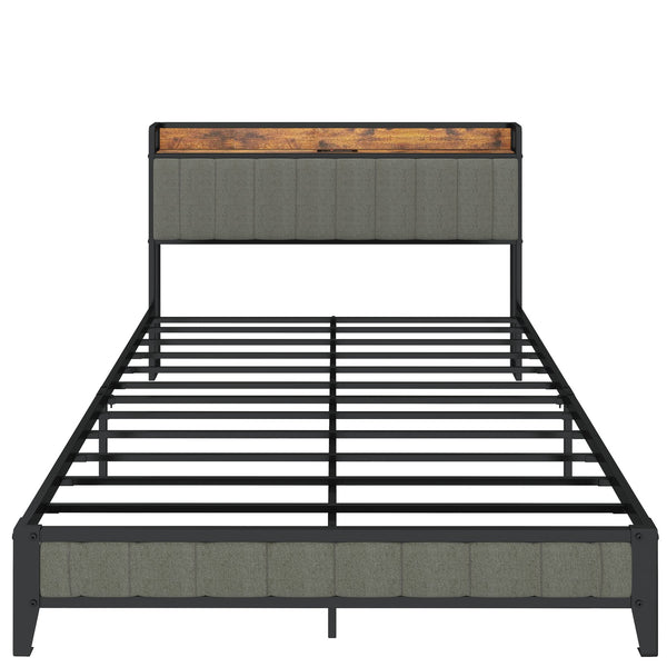 English Elm Queen Upholstered Bed Frame with USB & Outlets, Metal Platform, Vintage Shelf, 10.4" Storage Clearance W1960P162712