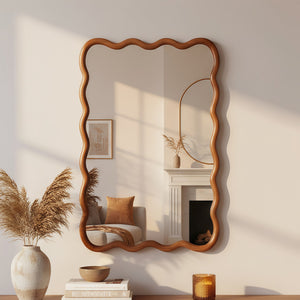 English Elm Yellowish Solid Wood 24"x36" Wavy Rectangle Mirror with Tempered Glass, Rustic Elegance for Bath & Entry W2203P389035