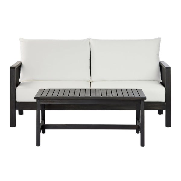 English Elm 2 Piece Outdoor Acacia Wood Loveseat and Coffee Table Set with Textilene Weave Cushions Dark Grey,White+Black N768P368824D
