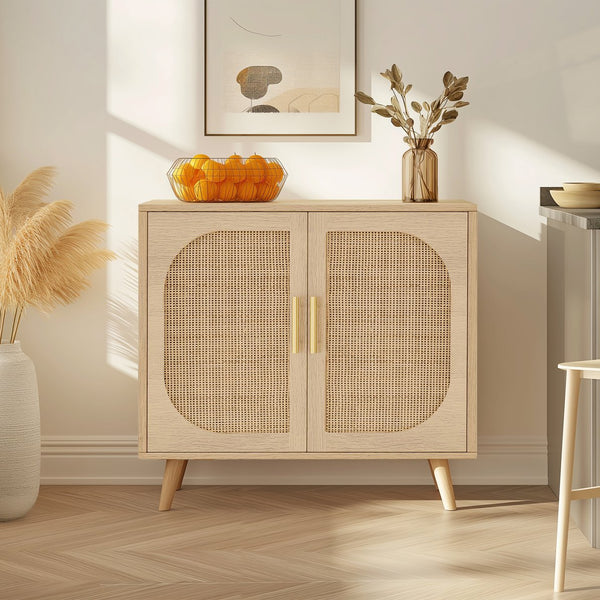 English Elm Buffet Cabinet Rattan Door Panels Solid Wood Feet Farmhouse Style Entryway Storage Natural W2386P207789