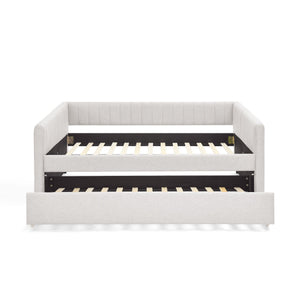 English Elm Full Size Daybed With Trundle, Elegant Beige Linen Sofa Bed, Vertical Stripes, Perfect For Guests! W1413S00091