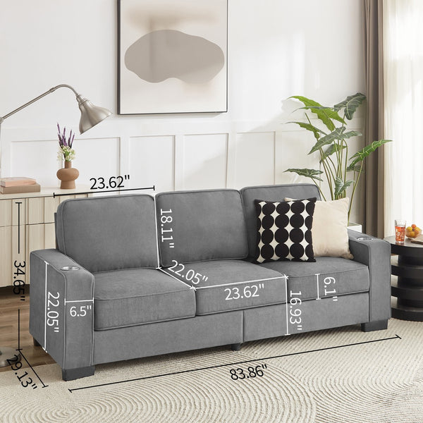 English Elm 83.86"Snowfleece Luxurious 3-Seater Sofa with High-Density Sponge & Spring Support, Cozy Velvet Gray W1359P215068