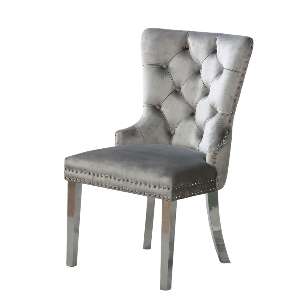 English Elm Contemporary Elegant Flannelette Wingback Dining Chair Set with Button Tufting, Nailhead Trim & Chrome Legs Gray 31 L x 26 W x 23 H B011P208973
