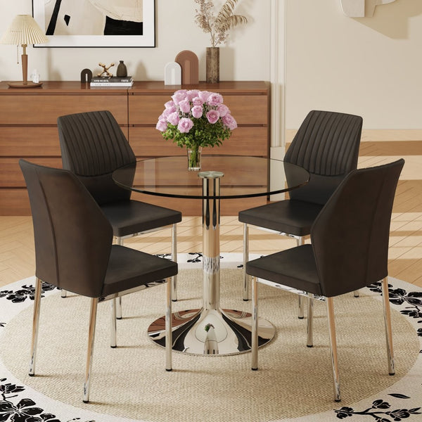 English Elm Table Set: 35" Round Transparent Glass Dining Table With 4 Black Pu Chairs & Silver Metal Legs W1151S03704-GIGA