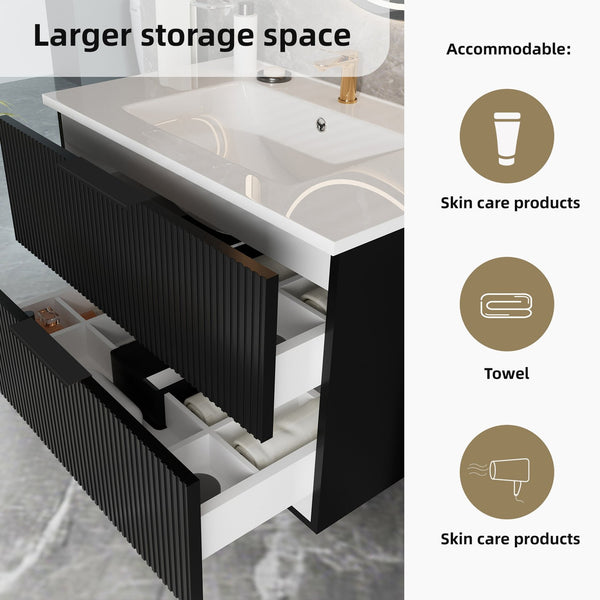 English Elm 36 Floating Bathroom Vanity with Ceramic Sink, Wall-Mounted 36" Modern Fluted Cabinet with Quiet Drawers Matte Black 38.18 L x 22.83 W x 7.48 H W3520S00003