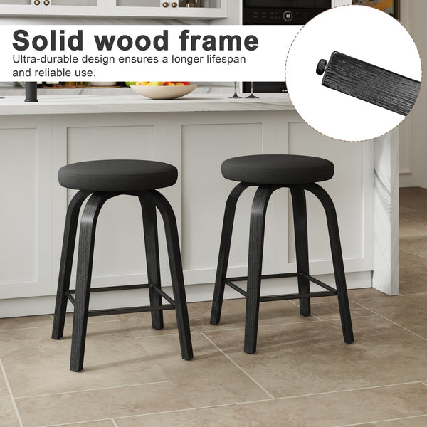 English Elm Swivel Backless Counter Stools Set of 2 with Fabric Seat Bentwood Legs Mid-century Modern Black W3107P446841