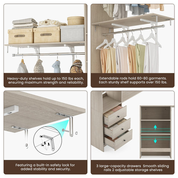 English Elm Closet Organizer - Versatile High Capacity Wardrobe Rack With 3 Drawers & Expandable Hanger Rods T3623P409124