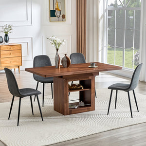English Elm Expandable Walnut Dining Set with Four Linen Chairs Seats Six in Modern Style W1151S04712