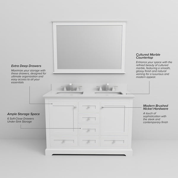 English Elm White Double Bath Vanity 48 in with Cultured Marble Scratch‑Resistant Top, Faucet & 46in Mirror, Chrome B2731S01006