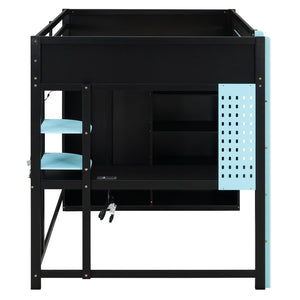 English Elm Full Size Gaming Loft Bed with Rgb Lighting Integrated Desk and Open Wardrobe Blue N820S00073C