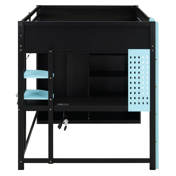 English Elm Full Size Gaming Loft Bed with Rgb Lighting Integrated Desk and Open Wardrobe Blue N820S00073C