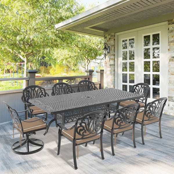 English Elm 9-piece Cast Aluminum Outdoor Dining Set with Swivel Chairs and Carved Petal Frame W1710S00613