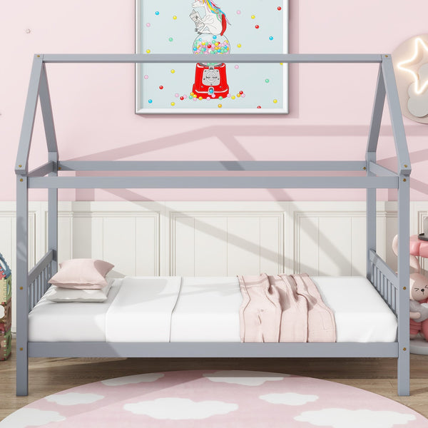 English Elm Twin House Shaped Kids Bed Solid Rubberwood Platform Frame with Storybook Silhouette W504P363901