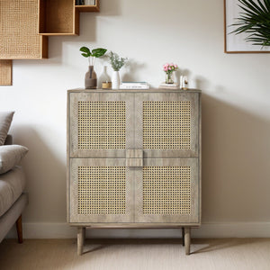 English Elm 4-Doors Rattan Mesh Storage Cabinet with Solid Wood Legs and Adjustable Shelves for Stylish Organization Grey W757P198557