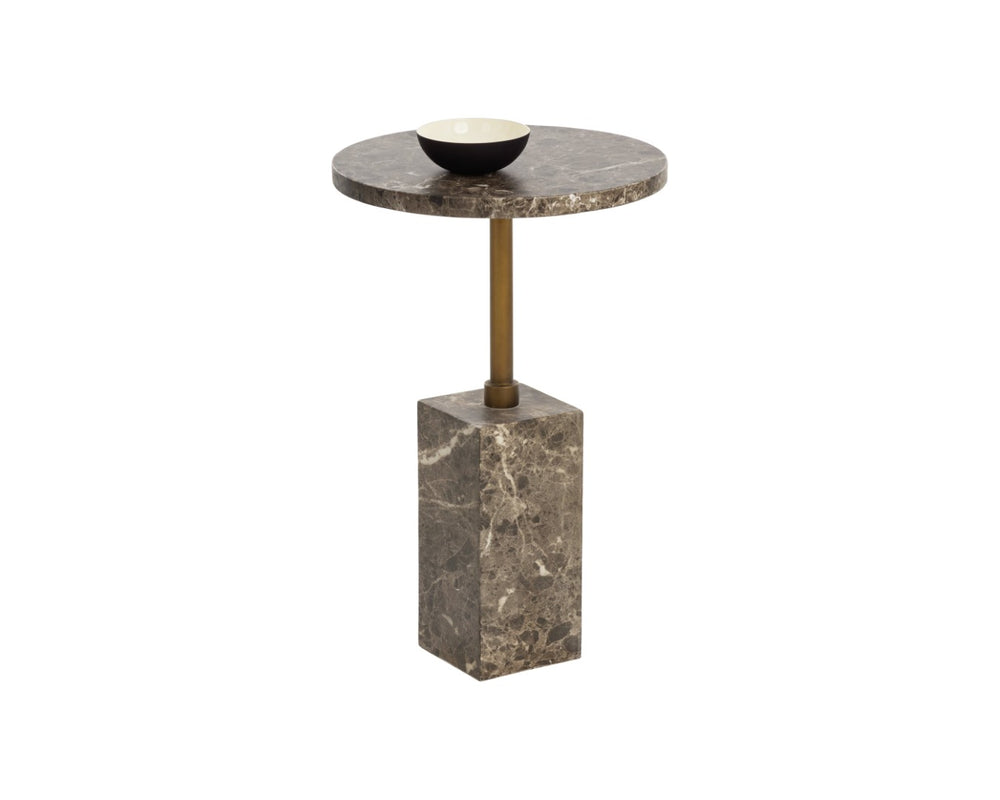 Sunpan MIZANI End Table - Sculptural Concrete Design with Dark Marble Look and Antique Brass Finish Brown 112723