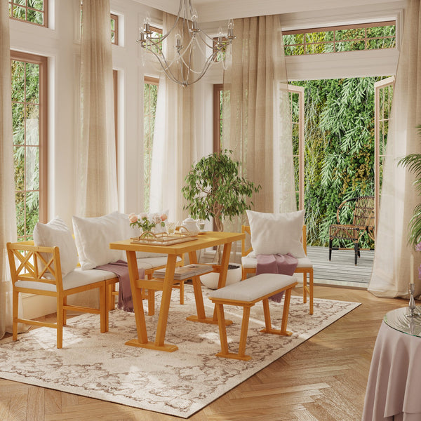 English Elm Small Farmhouse Solid Wood Dining Set for 6 — Space-Saving High Top Corner Table, Bench & Chairs, Cozy Durable Design TWSET2025-3N