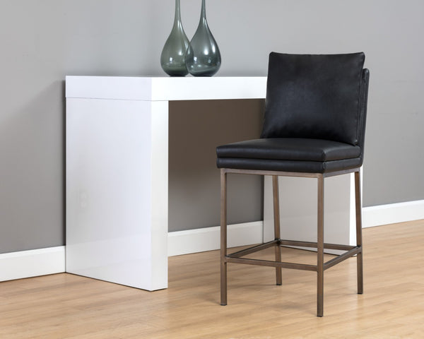 Sunpan PAIGE Counter Stool - Stylish Bravo Black Faux Leather with Antique Brass Legs for Modern Spaces 105944