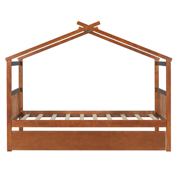 English Elm Twin House Bed with Pull Out Trundle Solid Pine Wood Frame Walnut Kids Room N708P309238L