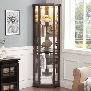 English Elm Corner Lighted Curio Cabinet with Mirrored Back Glass Shelves Classical Living Room Display Cherry W2275P194425