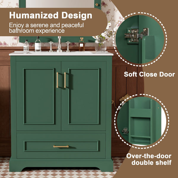 English Elm 30" Modern Bathroom Vanity with Ceramic Sink, Soft-Close Doors, Divided Drawer & Dual Door Shelves Green N729P321376F