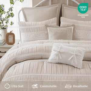 English Elm 7-piece King Jacquard Comforter Set Lace Detail Chambray Cottage Bedroom Ensemble Neutral B035P482889