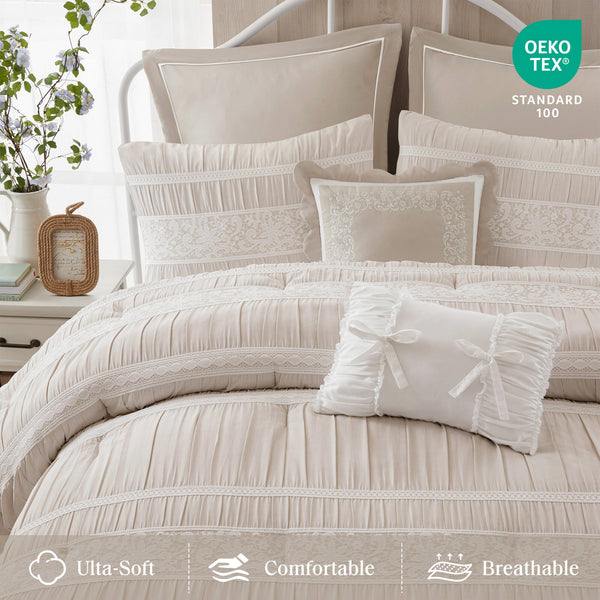 English Elm 7-piece King Jacquard Comforter Set Lace Detail Chambray Cottage Bedroom Ensemble Neutral B035P482889