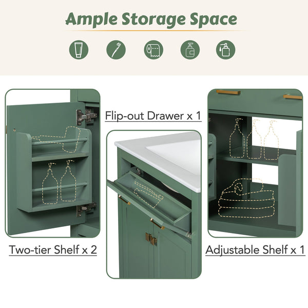 English Elm 30-inch Modern Bathroom Vanity with Ceramic Sink, Gold Accents, Solid Wood Frame, Soft-Close Doors and Ample Storage Green WF324045AAF