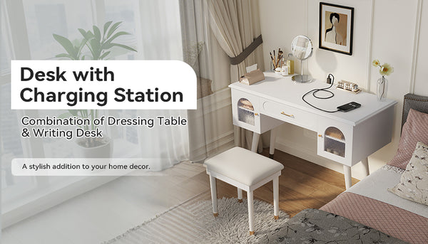 English Elm Elegant Vanity Makeup Table with Charging Station & Carved Glass Door, Sturdy Stool Included White N844P285188A
