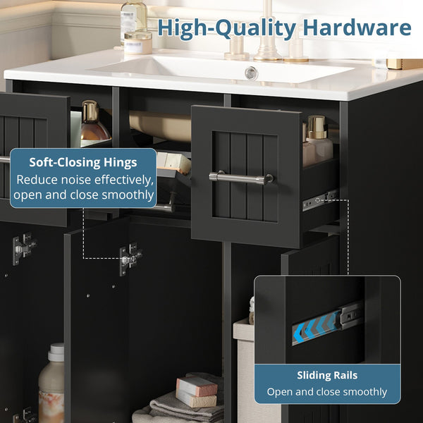 English Elm 30inch Bathroom Vanity with Undermount Sink, Tip-Out Tray, Soft-Close Doors, Spacious Drawers & Handles Black N710P331580B