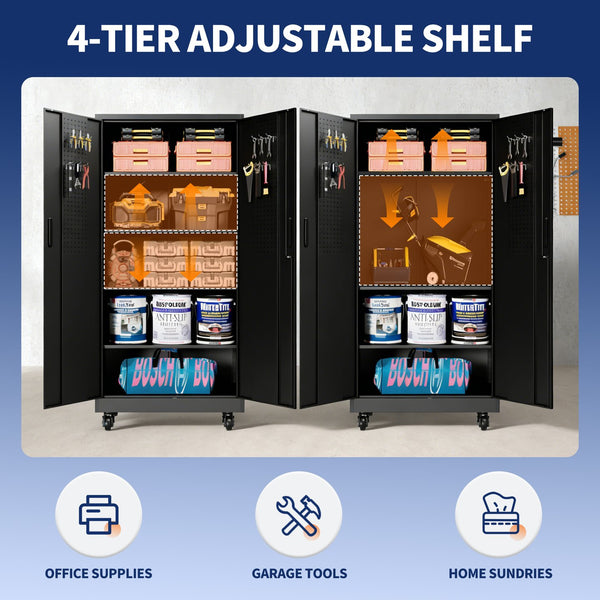 English Elm Heavy Steel Garage Cabinet with Pegboard Doors Locking Wheels and Adjustable Shelving T2398P465997