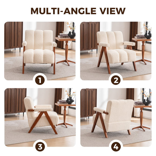 English Elm Mid-century Modern Chenille Lounge Chair Set Oak Frame Cloud Silhouette Living Room Beige W1170S00052