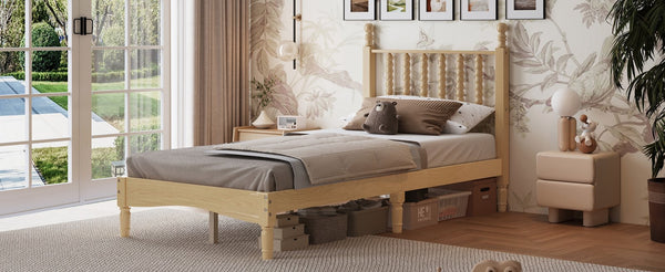 English Elm Twin Rubberwood Platform Bed Gourd Headboard Retro Bohemian Bedroom Slat Base Natural N733P427029M