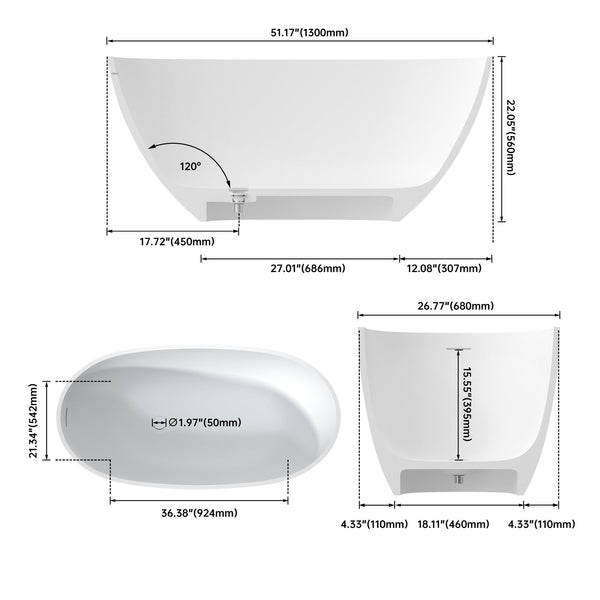 English Elm 51" Matte White Stone Resin Freestanding Soaking Tub with Built-in Acrylic Shelf T3785P490209