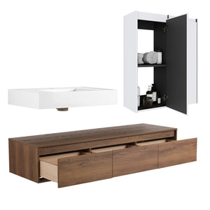 English Elm 60-Inch Wall-Mounted Vanity With Molded Resin Sink, 2 Side Cabinets & 3 Soft-Close Drawers For Storage W999S00285