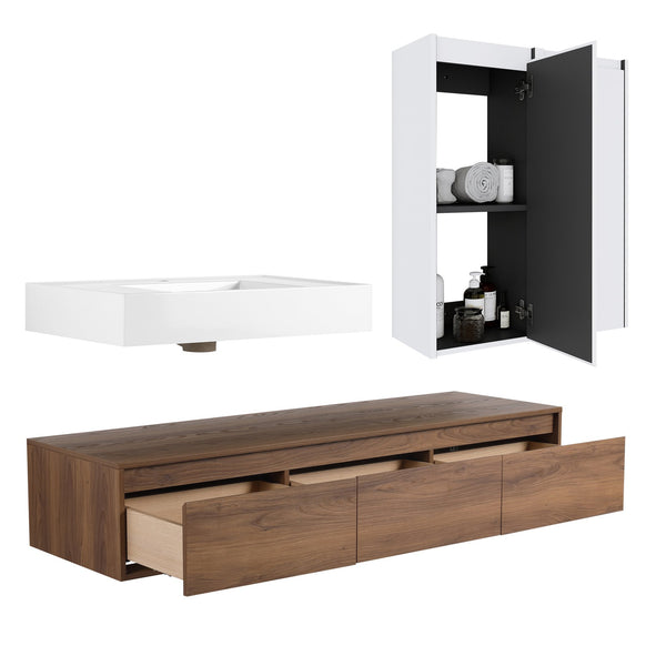 English Elm 60-Inch Wall-Mounted Vanity With Molded Resin Sink, 2 Side Cabinets & 3 Soft-Close Drawers For Storage W999S00285
