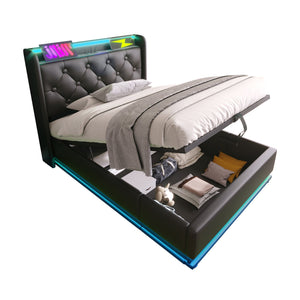 English Elm Twin Upholstered Bed with Hydraulic Storage, Surround LED, App/Remote Control & USB Type-C Charging Black N736P188805B