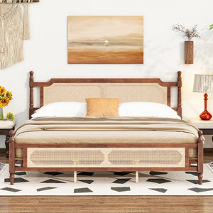 English Elm King Pine Rattan Bed Walnut — Classic Pine Wood King Bed with Rattan Headboard & Footboard, 500lb Capacity W504P269835