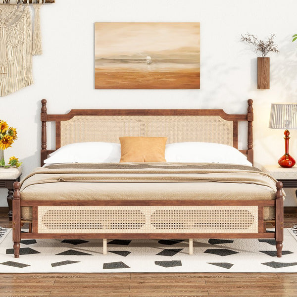 English Elm King Pine Rattan Bed Walnut — Classic Pine Wood King Bed with Rattan Headboard & Footboard, 500lb Capacity W504P269835