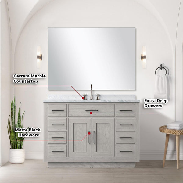 English Elm White Oak 48-Inch Single Bath Vanity Set With Carrara Marble Top, Chrome Faucet & Matching Mirror B2731S01961-GIGA