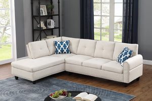 English Elm 2-Piece Alger 98" Wide Left-Hand Sofa & Chaise in Linen Blend with Tufted Backs, Nailhead Trim, Supportive Foam Cushions and Accent Pillows Beige B102S00093