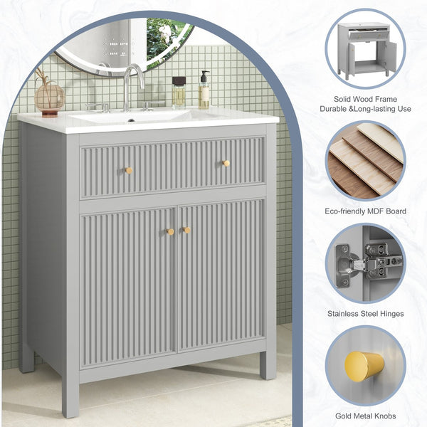 English Elm 30'' Modern Bathroom Vanity Set With Ceramic Sink, Soft-Close Doors, Grey Finish, Ample Storage Options N710P228367E
