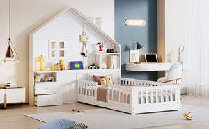English Elm Twin House Bed Frame with Drawers Shelves and Usb Charging for Kids Bedroom LT000422AAK-1