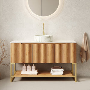 English Elm 48" Freestanding Bathroom Vanity Cabinet Sintered Stone Top Woodgrain Finish Open Shelf W2615S00464
