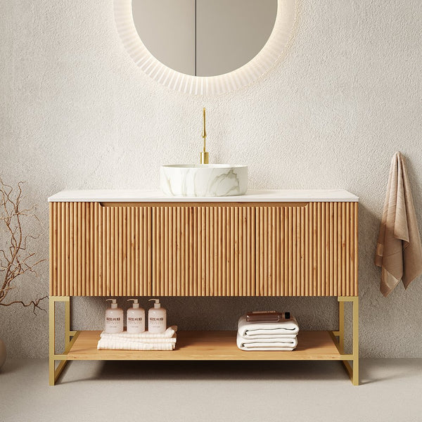 English Elm 48" Freestanding Bathroom Vanity Cabinet Sintered Stone Top Woodgrain Finish Open Shelf W2615S00464