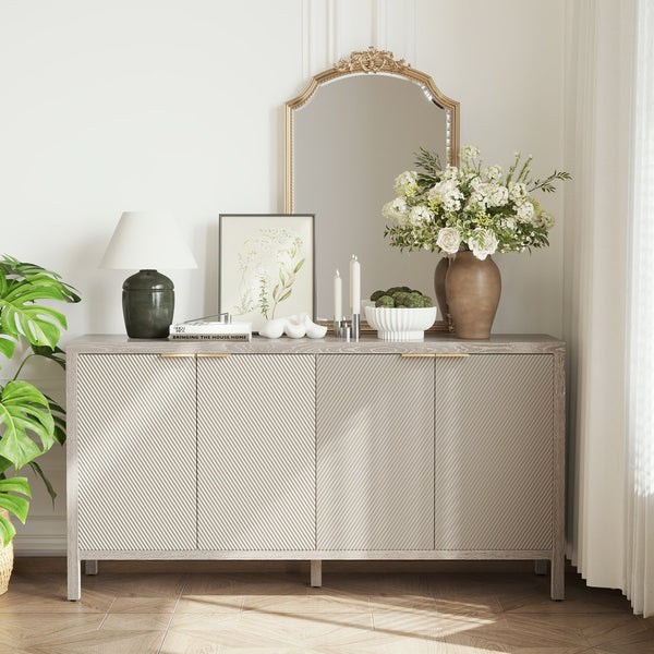 English Elm Sideboard Champagne 59" Modern Wood Buffet Cabinet with 4 Doors, Adjustable Shelves, 220lb Top Capacity W757P203146