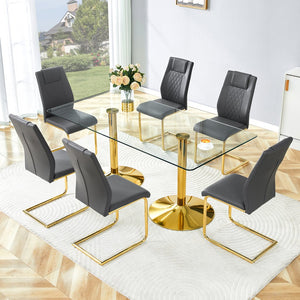 English Elm Scalable Extendable Dining Set with Wood Grain Table and Gray Linen Chairs 8 Piece Dark Gray,Gold,Transparent W1151S04562
