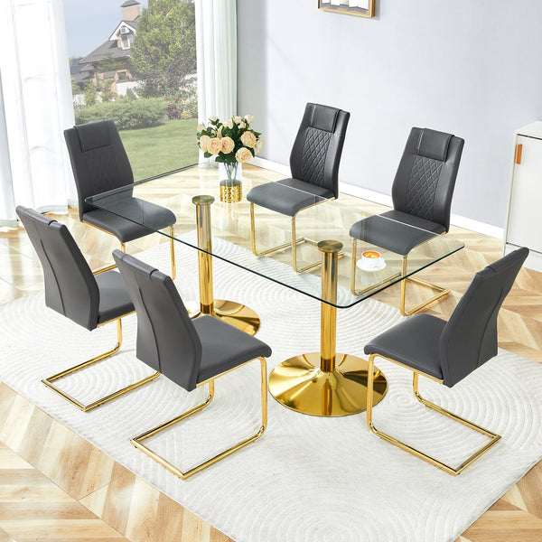 English Elm Scalable Extendable Dining Set with Wood Grain Table and Gray Linen Chairs 8 Piece Dark Gray,Gold,Transparent W1151S04562