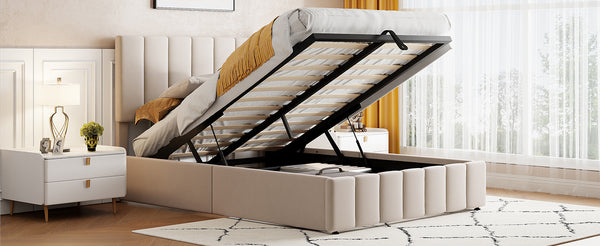 English Elm Full Size Linen Upholstered Platform Bed with Hydraulic Lift Storage and Foam Headboard N708P201551A